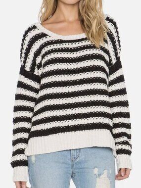 Free People Medium Chunky Sweater Black Cream Striped Oversized Relaxed
